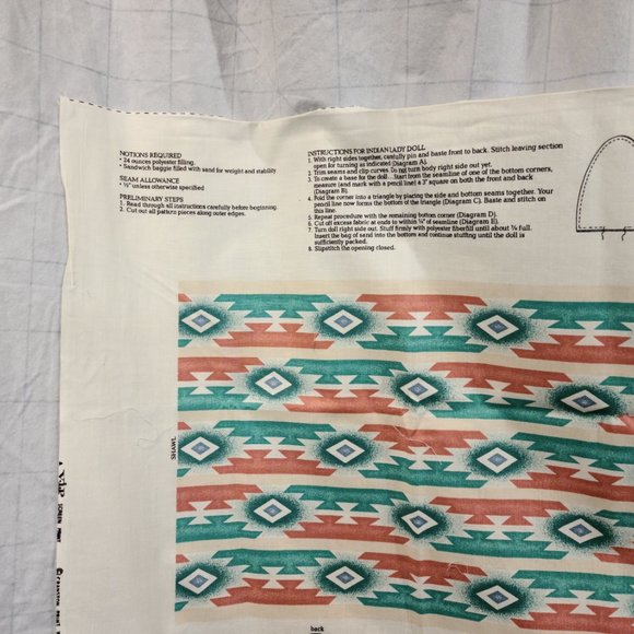 "Little Deer" Indian Doll Southwestern Cut&Sew Craft Fabric Panel TURQUOISE VTG! - Picture 2 of 12